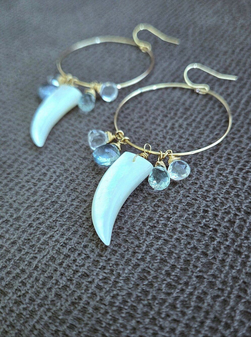 Open Gold💛 Circle⭕️ Earrings with Mother of Pearl Horn📯 and Gemstones💎 - Picture 2 of 15